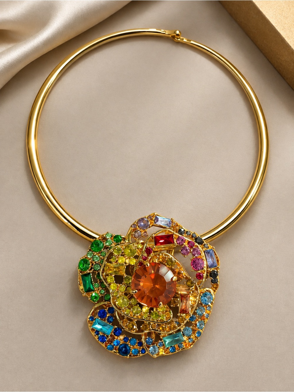 Gold Multicolor Crystal Flower Collar Necklace